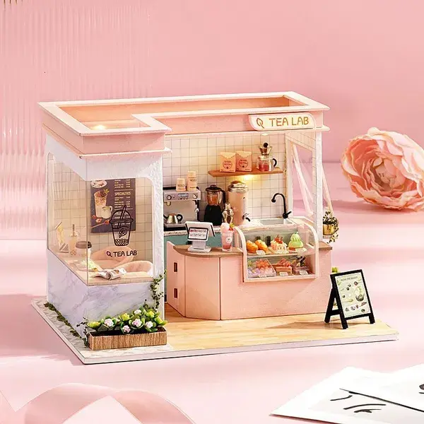 Doll House Accessories Diy Miniature kit DIY Wood Dollhouses Furniture Tea Station Building With Dust Toys for Children Birthday Gifts 221122