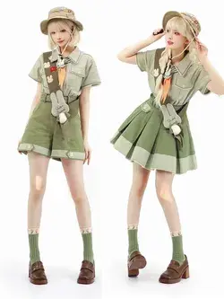 Bunny Ouji Full Set - Shirt with Carrot Tie + Shorts + Skirt with Waist Belt and 2 Plush Tails