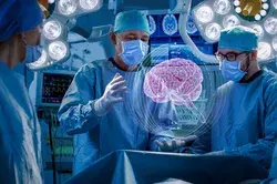 Surgeons Perform Brain Surgery Using Augmented Reality, Animated 3D Brain. High Tech Technologically Advanced Hospital. Futuristic Theme.