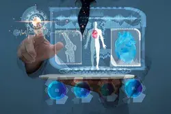 Medical technology concept. Electronic medical record. Doctor holding hand on start button if futuristic screen, futuristic medical technology, human anatomy scan and x-ray image