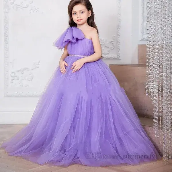 Children floor-length lace long dresses Palace style girls Bows one shoulder princess dress kids birthday party clothes Ball Gown Z1781