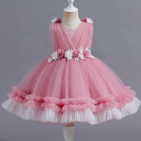 Girl Flower Bow Sleeveless Princess Dress| Party Dress| Cute Outfits | Baby Dress | Pink Outfits