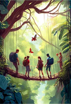 Jungle Adventure, Young Travelers,  Wild on a Rope Bridge Crossing, Digital Art, AI Generated