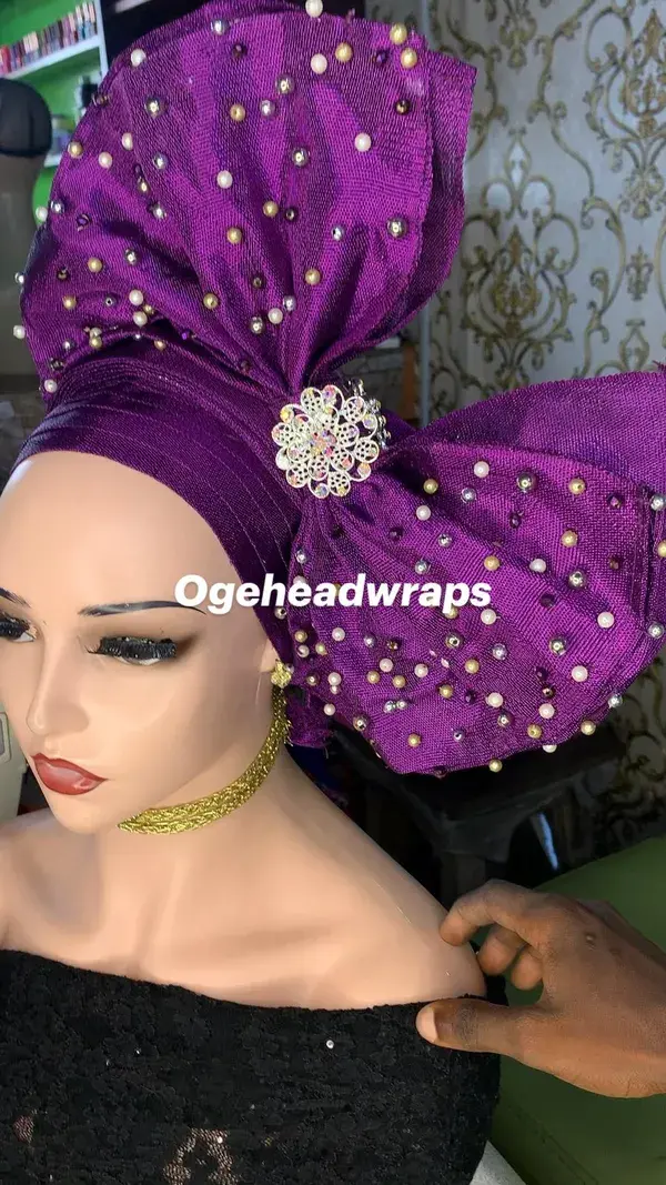 Ogeheadwraps: African sweet shiny Aso oke fabric , beaded with crystals and pearls