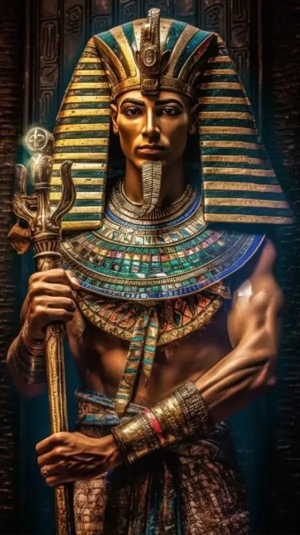 The image is of an #egyptian pharaoh holding two swords and a scepter