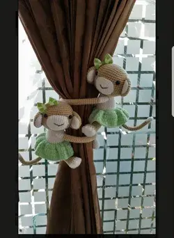 A pair of Monkey Skirt Curtain Tie Backs, Crochet Monkey Curtain Tie Backs, Monkey Tie Backs, Nursery Curtain Tie Backs, Cotton Yarn