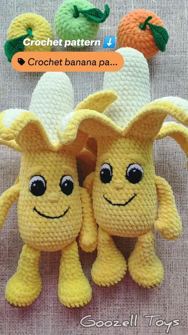 Crochet Banana pattern, amigurumi fruits with eyes pattern, Plush cute fruit banana