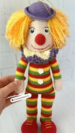 Crochet pattern clown doll, Amigurumi doll pattern, crochet pattern clown toy