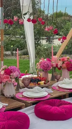 Picnic birthday picnic tea party Central Park picnic backyard party pink flowers table arrangement