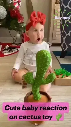 Cute baby reaction on cactus toy 🌵