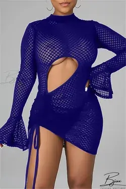 Bjux - Royal Blue Sexy Solid Hollowed Out See-through Half A Turtleneck Long Sleeve Dresses - Royal Blue / M