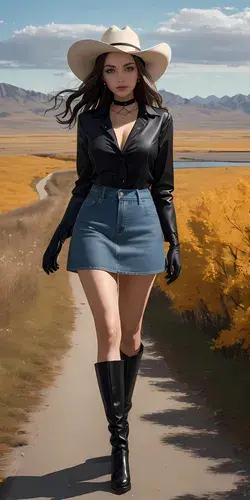 A lady wearing cowgirl style walking in the wild 006
