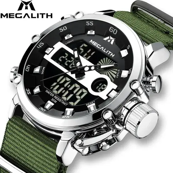 Relogio Masculino MEGALITH Sport Waterproof Watches Men Luminous Dual Display Alarm - leather black / United Kingdom