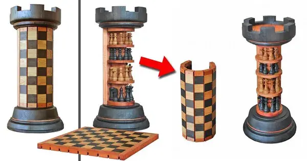 This Incredible Rook Tower Has a Pack-away Flexible Wooden Chess Board That Wraps Around It