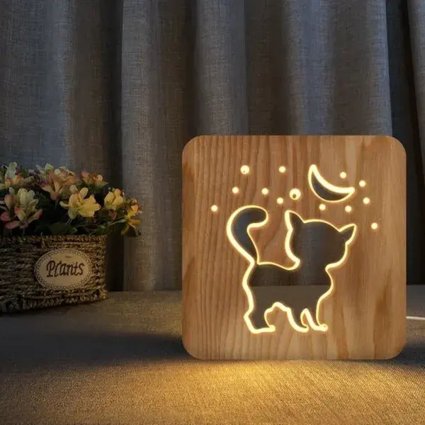 Cute Cat 3D Wooden Carving Lamp USB LED Table Light Switch Control - Kitten / Warm White / 7.4x7.4x1.18 (19cmx19cmx3cm)