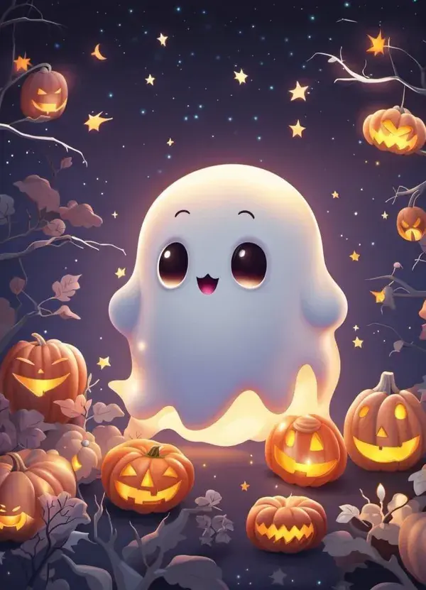 Kawaii spooky cute ghost and Halloween pumpkins Cute ghost