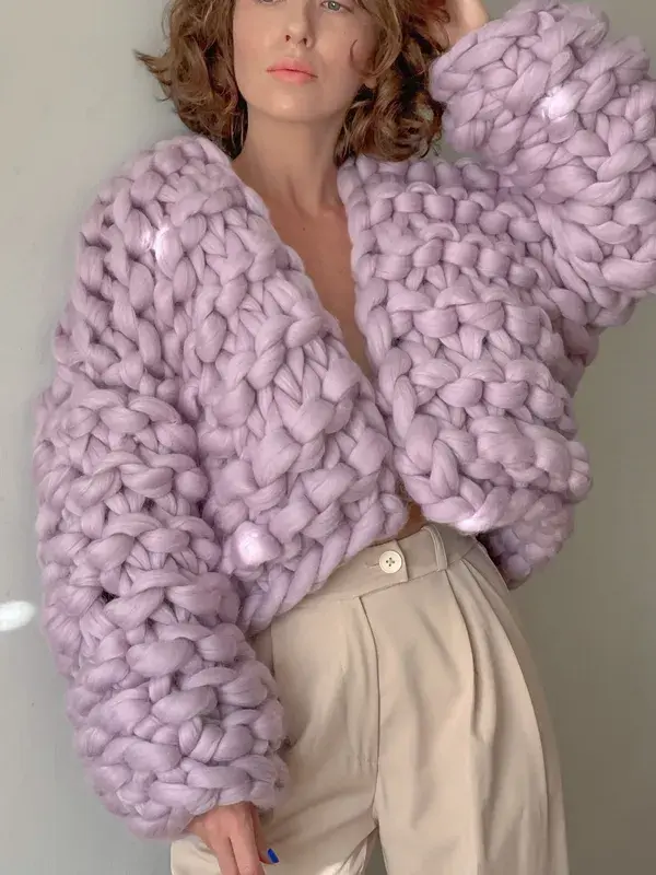 Chunky Knit Cropped Oversized Wool Cardigan Sweater