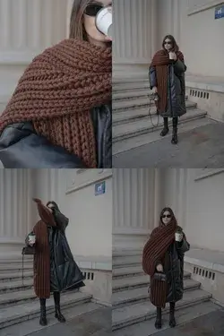 @anacaltun strolling with her brown ribbed chunky long knit scarf