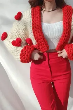 Heart Knit Cardigan, Chunky Cardigan, Knitted Cardigan, 3D Knit Cardigan, Handmade, Unique Products