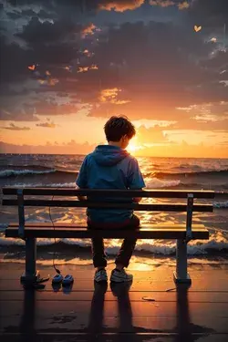 Alone boy with sunset anime art