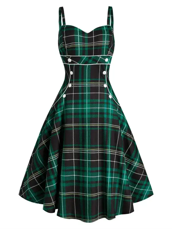 Jangj Print Lace-up Front Buckle Strap Dress A Line Mini Dress Sleeveless Dresses Multi green5401-S