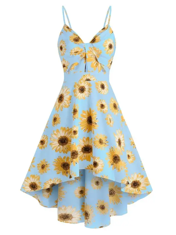 [44% OFF] 2023 Vacation Sunflower Print Sundress Spaghetti Strap Summer High Low A Line Dress In LIGHT BLUE | DressLily