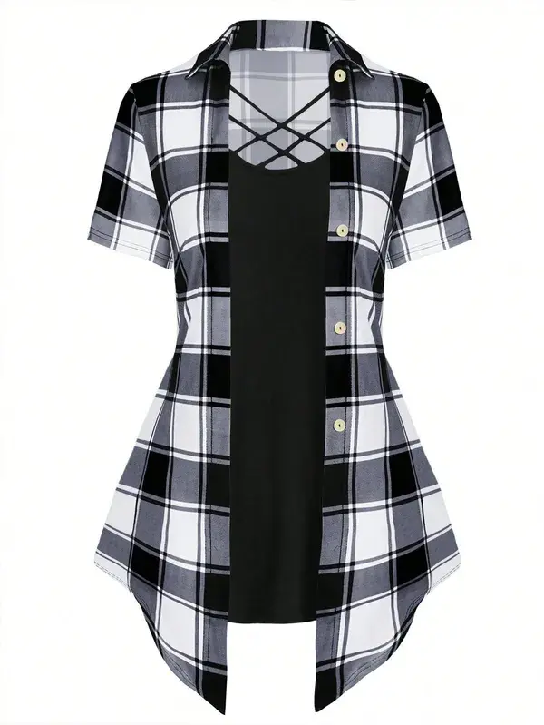 Plus Plaid Print Crisscross Front 2 In 1 Tee