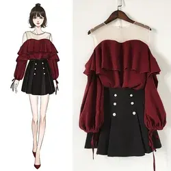 Sweety Chiffon Blouse+Pleated Skirt P15845, Maroon / 2XL