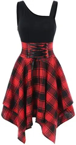 Women Sleeveless Skirt Cold Shoulder Cross Lace Up Plaid Print Irregular Dress