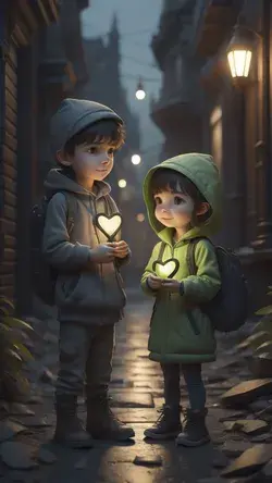 Cute little friends couple at night holding heart on street