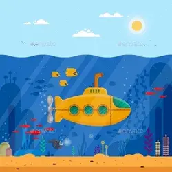 Yellow Submarine with Periscope Underwater Concept, Vectors | GraphicRiver