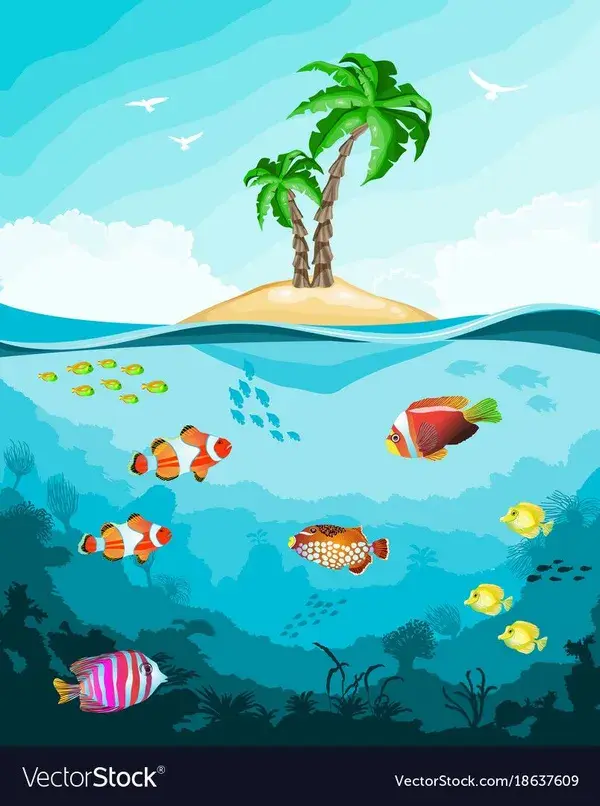 Underwater world with fish and tropical island Vector Image