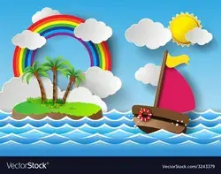Yacht on sea and rainbow Royalty Free Vector Image