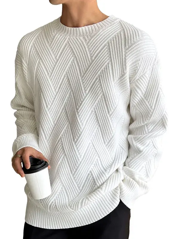 Verdusa Men's Crew Neck Drop Shoulder Long Sleeve Pullover Textured Sweaters