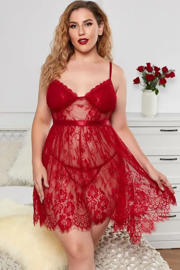 Bra Sheer Floral Lace Plus Size Babydoll - Red / 3X