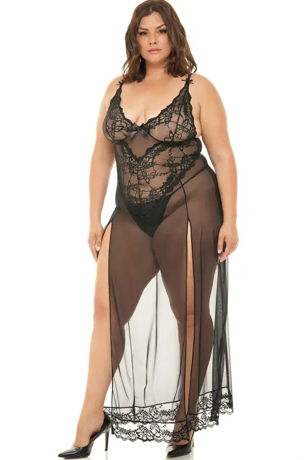 Soft Cup Gown With Lace Detail + G-String - Black / 2XL