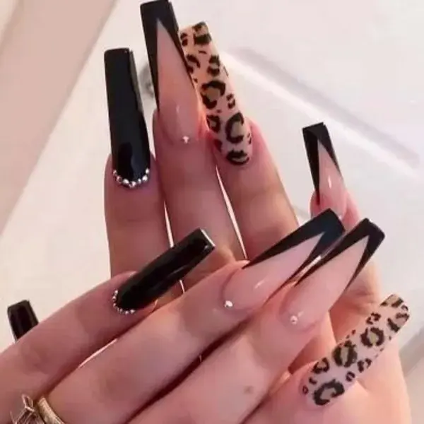 ANDGING long Black Press on Nails Coffin, Fake Nails for Women with Black Pink Leopard Bling