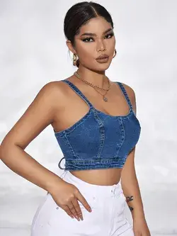 Lace Up Back Crop Denim Cami Top