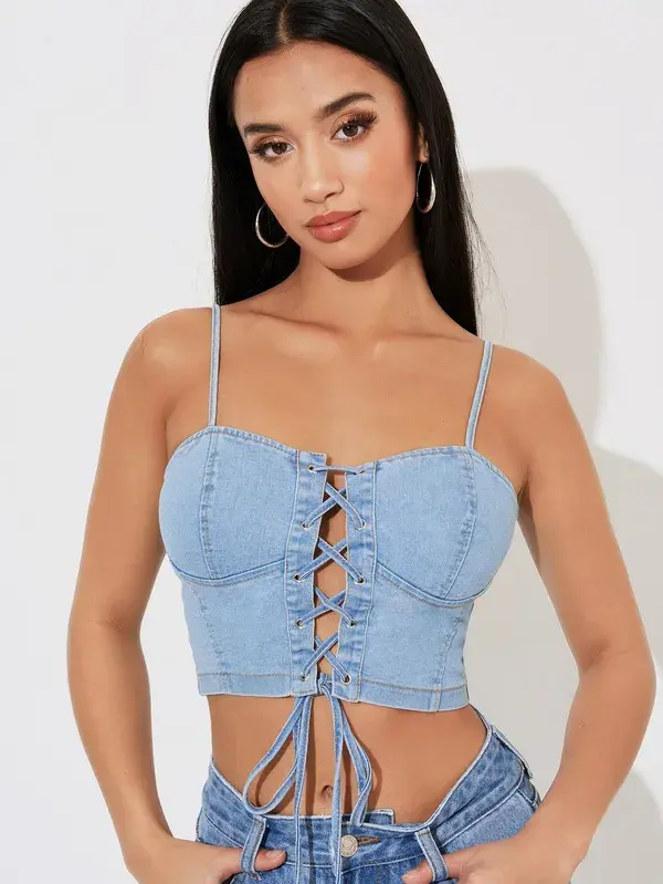 Grommet Lace Up Denim Cami Top