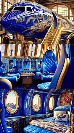 millionaire luxury private jet 2024 futuristic blue gold style