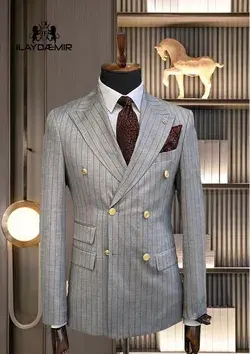 Erkek Trend Gri Kruvaze Takım Elbise-ilayda emir Men's Suits