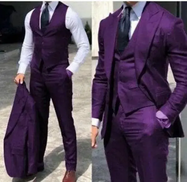 Purple Wedding Suits Stylish 3 Piece Suits Peak Lapel Men Groom Suits Slim Fit 1 Button Suits For Wedding Gift