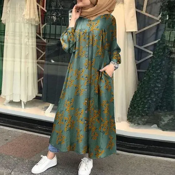 Spring Dresses Women Islamic Jilbab Muslim Abaya Dubai Maxi Dress Autumn Casual Kaftan Floral Printed Long Shirt Dress, Navy / S