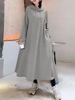 Women Solid Color Irregular Hem Casual Hooded Sweatshirt Maxi Dresses With Side Pocket