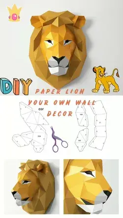 Lion Head Wall Decor, Polygonal sculpture, PDF Template, Lion Low Poly DIY sculpture