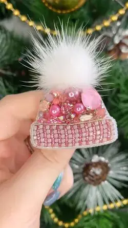 Brooch pink hat with natural fur. Handmade beaded brooch