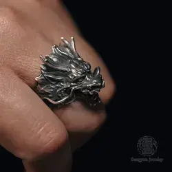Silver Chinese Dragon Ring, Dragon Ring, Aged Finish,Sterling Silver 925,  Songyan Jewelry