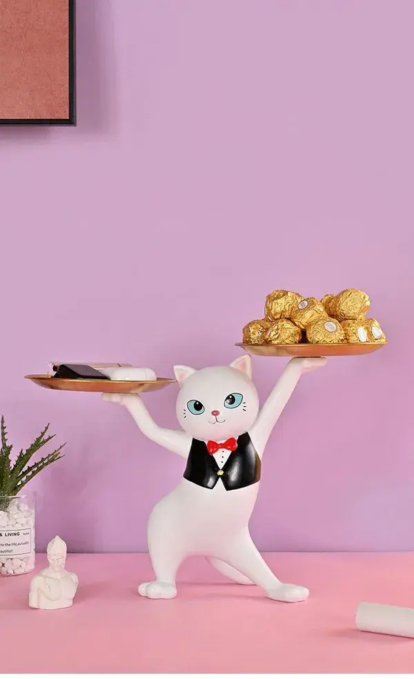 Buy Magic Cat Butler with Double Metal tray Nordic Decor Sculpture for Live Room Ornaments Ar...