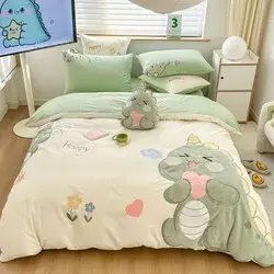 Little Dinosaur Washed Cotton Embroidery Four-Piece Bed Set - Green / Full/Double