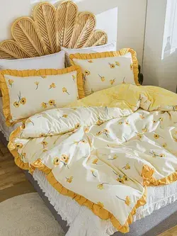 Flower Print Ruffle Decor Duvet Cover Set Without Filler